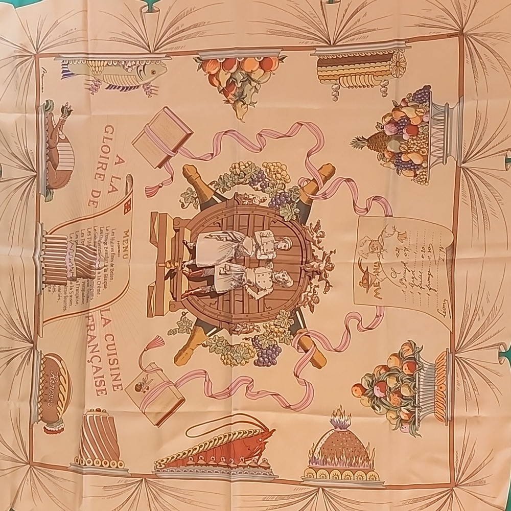 Auth. Hermes Silk Scarf A la gloire de la cuisine Francaise Green Beige RARE!!